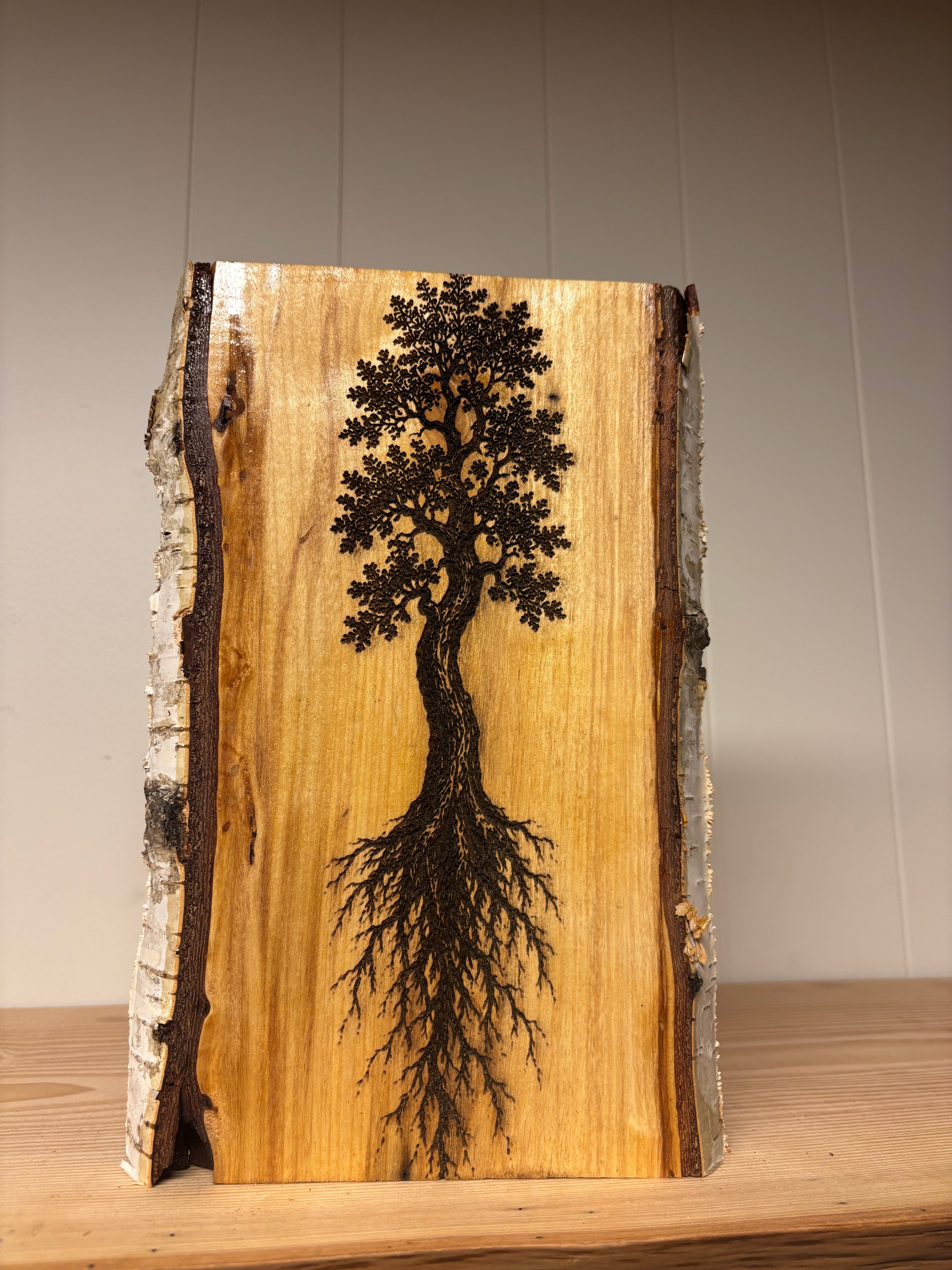 Wood burned birch Slab live edge Art