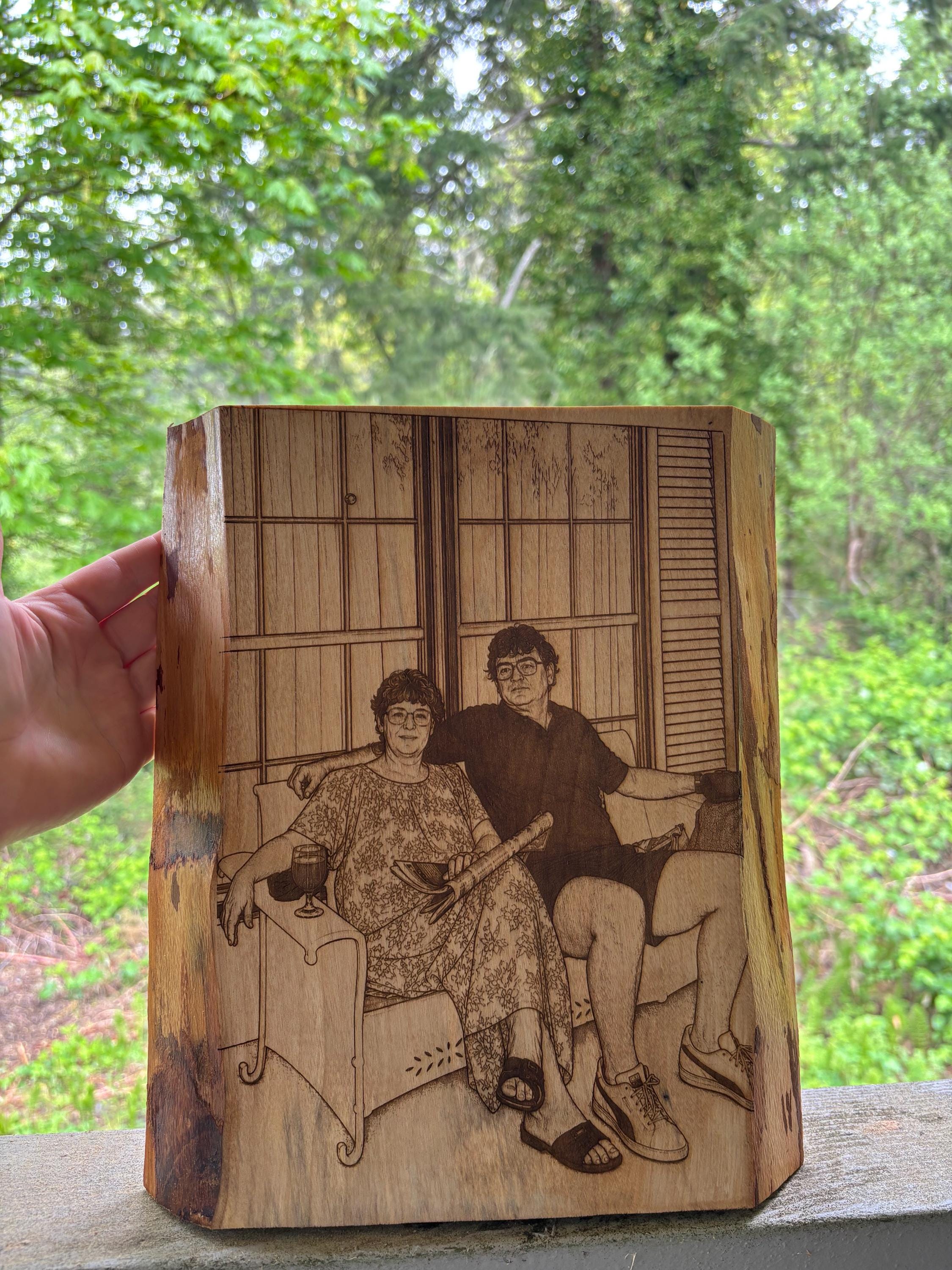 Wood burned Portraits on Live Edge